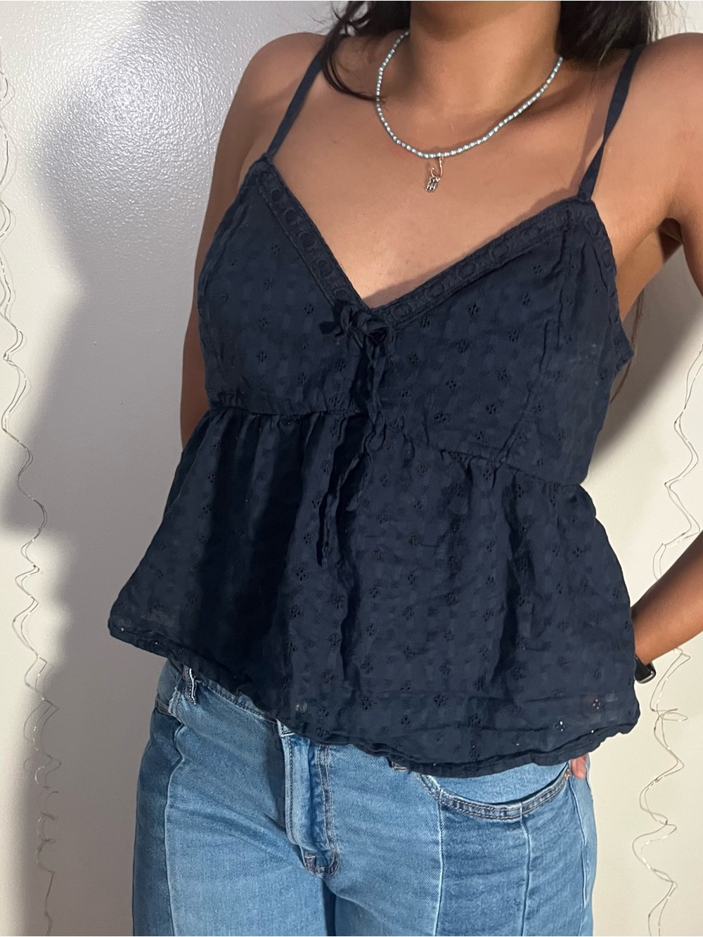 Hollister Navy Eyelet Peplum Tank with Adjustable Straps